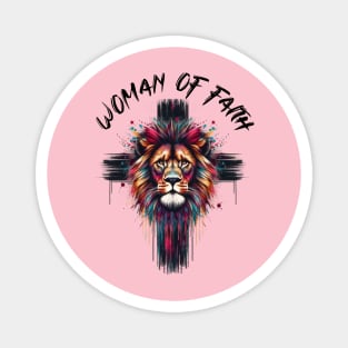 Woman of Faith Shirt | Colorful Lion Face Christian Cross Tee | Religious Graphic T-Shirt for Women Magnet
